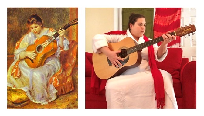 Left image: Pierre-Auguste Renoir's Woman Playing a Guitar, an impressionist painting showing a woman seated on a chair holding a guitar gazing down. 

Right image: A photograph imitating the painting, showing a woman sitting on a couch holding a guitar. 